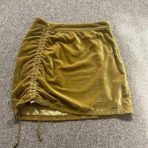 Free People Vivienne Velvet Mini Skirt  Ruched Drawstring Size 4 Gold/Mustard